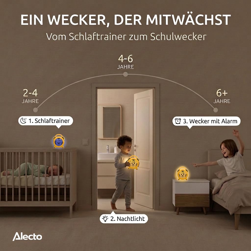 Alecto BC100TIGER - Pädagogischer Wecker Kinder - Schlaftrainer & Nachtlicht Kinder - Lernen von Sch