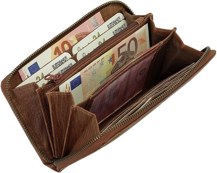 Luxus Leder Damen Geldbörse Portemonnaie Geldbeutel Langbörse XXL Farbe Cognac, Cognac