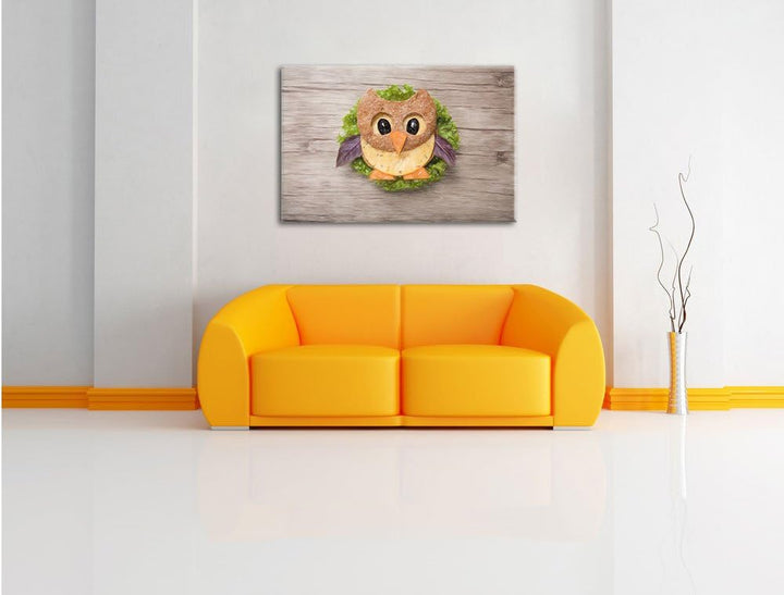 Pixxprint das lustige Eulen Sandwich Kunst Buntstift Effekt, Format: 100x70 auf Leinwand, 100x70