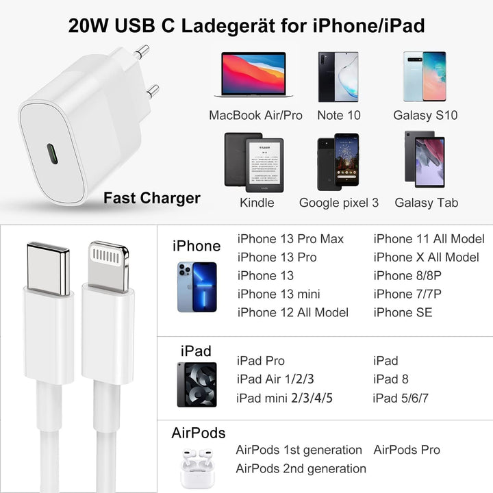 2Pack iPhone Schnellladegerät mit Ladekabel Original, iPhone Schnellladekabel USB C Power Adapter Ty