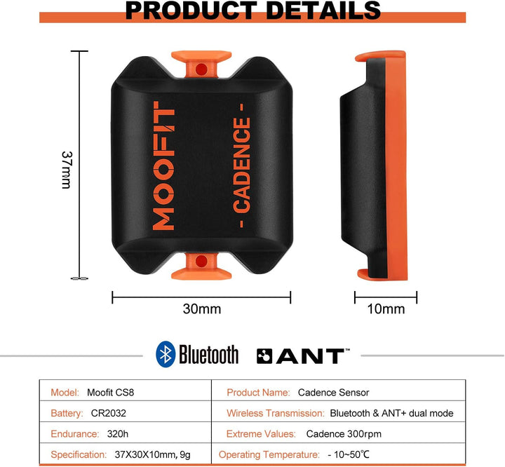 moofit Geschwindigkeitssensor und Trittfrequenzsensor, Bluetooth & ANT+ Kabelloser Geschwindigkeits,