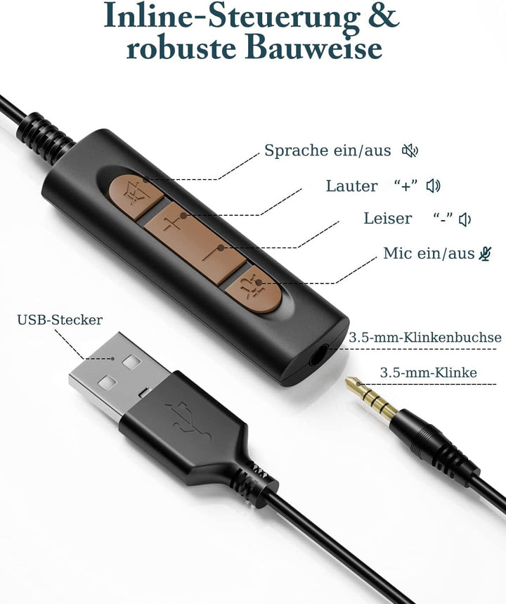 USB Headset mit Mikrofon, Geräuschunterdrückung, Stereoklang, Lautstärkeregelung, 3,5 mm/USB-A/USB-C