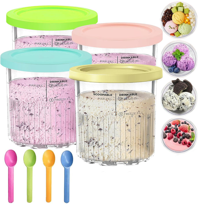 4 Stück Eiscreme Behälter,Mit vier Löffeln,Mit Deckel Wiederverwendbare Creami Tubs,Kompatibel mit N