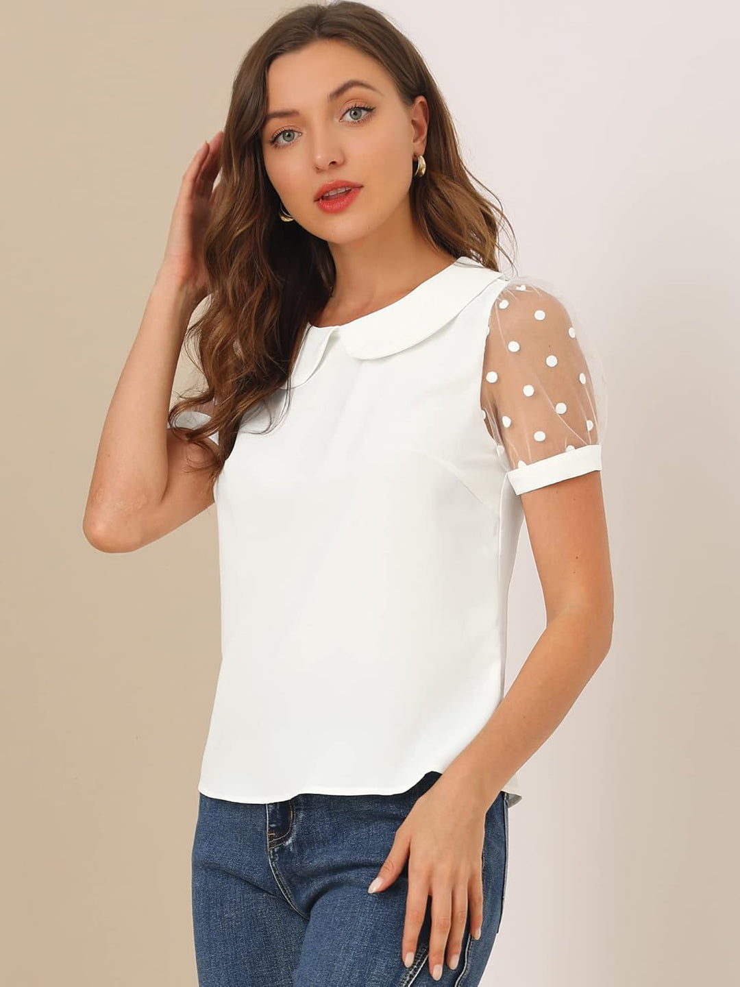Allegra K Damen Puffärmel Vintage Bubikragen Oberteil Mesh Polka Punkte Top Bluse M Reisweiss, M Rei