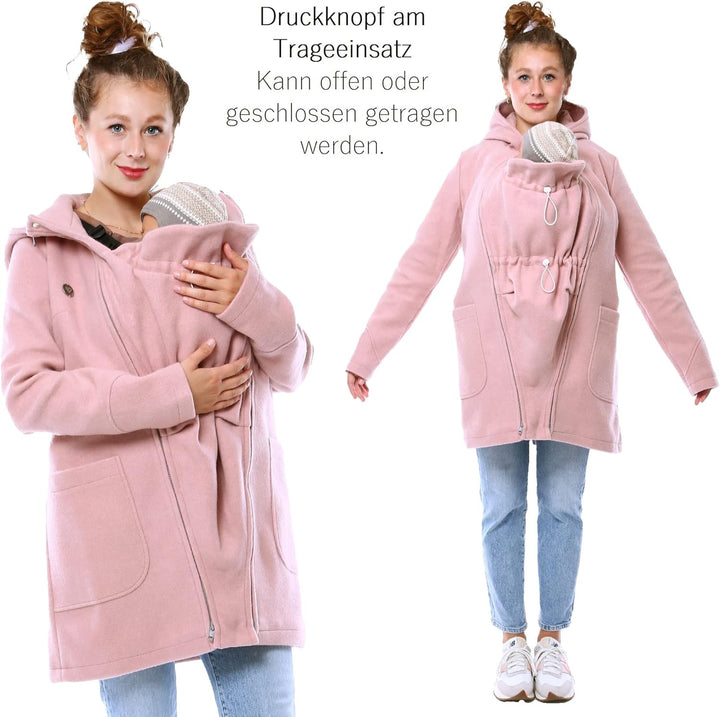 Viva la Mama - schicker Umstands- und Tragemantel für den Winter - VALENTIN M rosa - vorn tragen, M