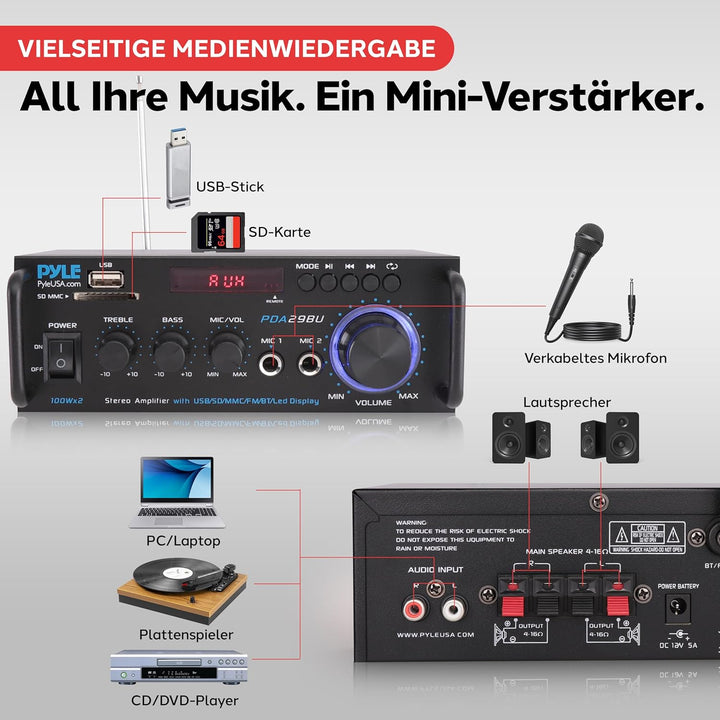 Pyle Bluetooth Verstärker, 200W – 2 Kanal Amplifier mit USB/SD/FM, Mikrofon & RCA, HiFi-Verstärker m