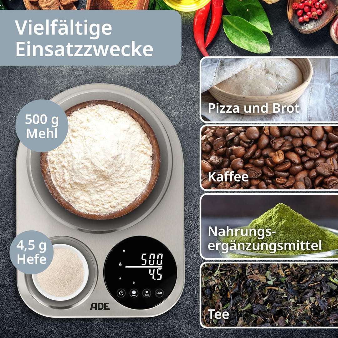 ADE Küchenwaage digital mit 2 Plattformen 5kg/1g & 500g/0,1g | duale Präzisionswaage auf 0,1g genau