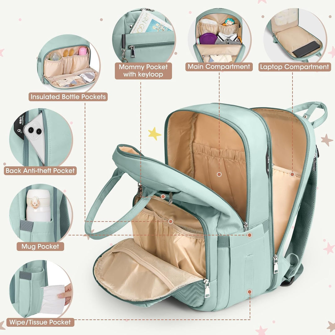 RAINSMORE Wickelrucksack Baby Wickeltasche Rucksack mit Wickelunterlage Unterwegs Gross Diaper Bag M