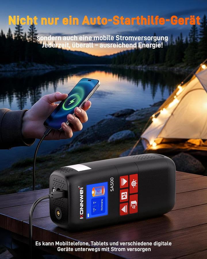 KONNWEI 4-in-1 Starthilfe Powerbank für PKW mit Kompressor | Batteriestarter mit LED-Licht und Power