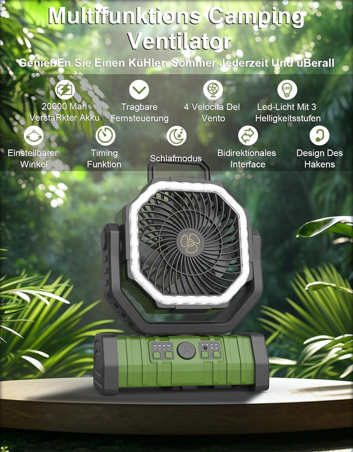 Richday Ventilator mit LED-Laterne 4 Geschwindigkeiten Camping Ventilator Leise Ventilator 20000mAh
