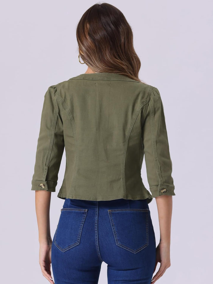 Allegra K Damen Jeansjacke 3/4 Ärmel Open Front Kragenlos Jacke mit Taschen L Armeegrün, L Armeegrün
