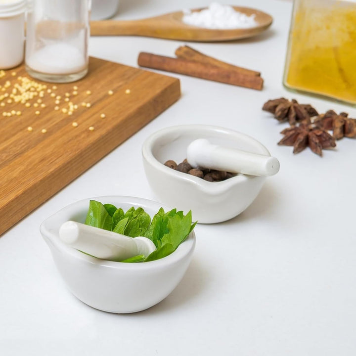 2 Sets Mörser mit Stössel un Bürsten, Kleiner Porzellanmörser Stössel Set Keramik Kleine Kräuterscha