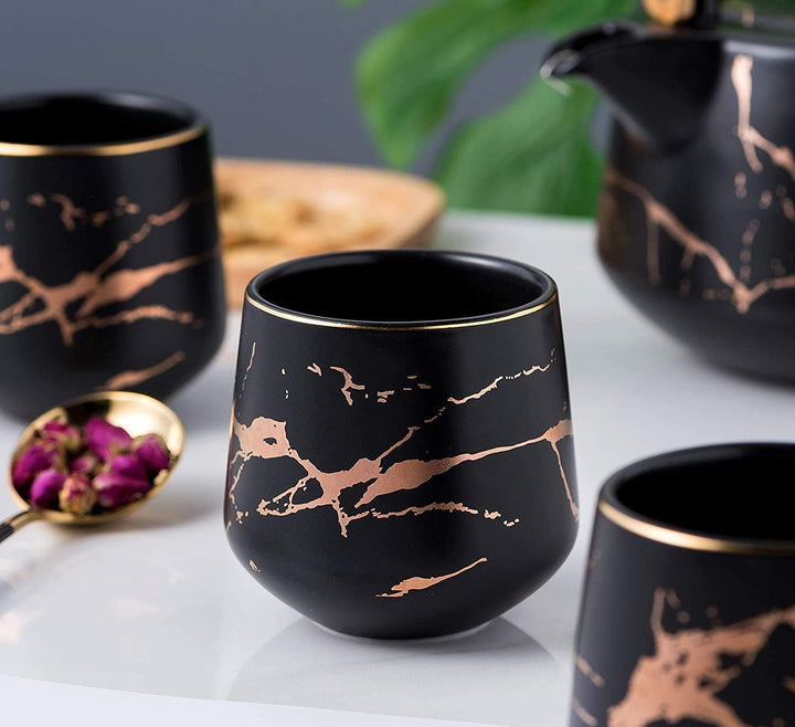 KKGUD Japanischer Stil, Keramik-Teeset, elegante Teekanne und 4 Teetassen mit Holztablett für Nachmi