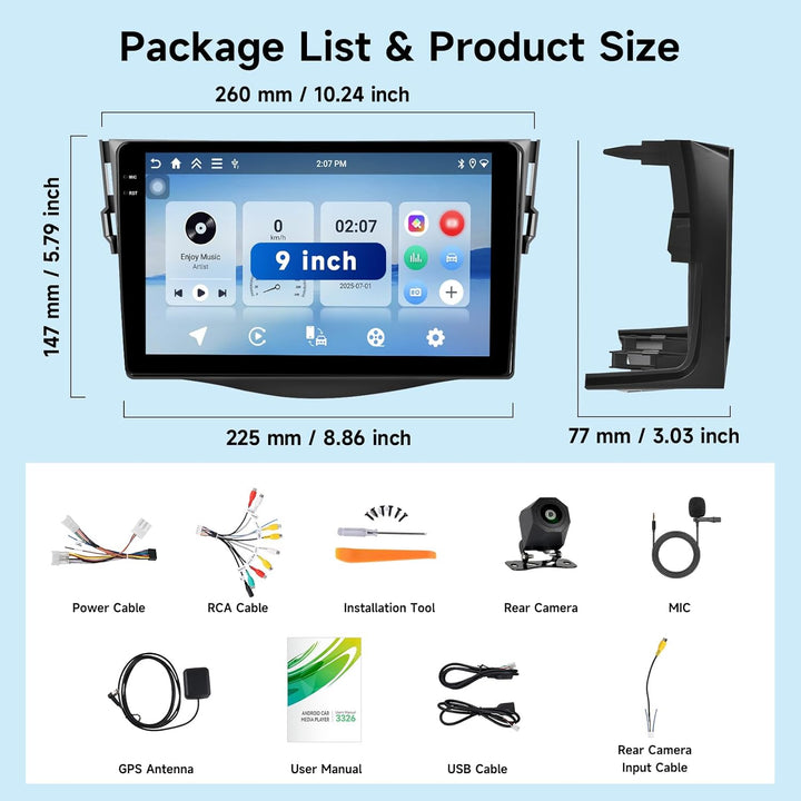 Hodozzy 4GB+128GB Android Autoradio für Toyota RAV4 2007-2012 mit Carplay Wireless Android Auto, 9 Z