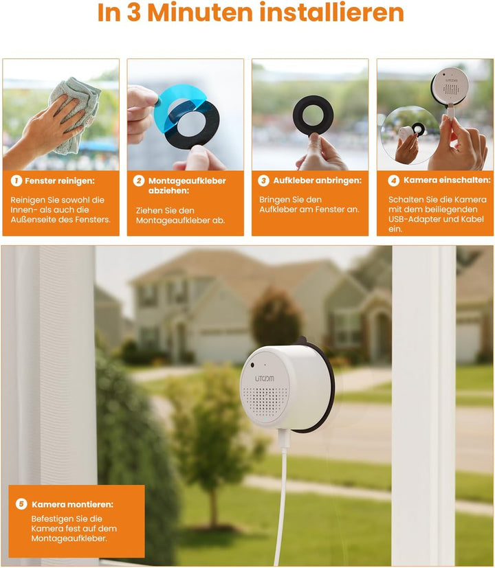 3MP 2K Fensterkamera Innen - 2,4 GHz & 5 GHz WLAN Überwachungskamera mit KI-Farbnachtsicht, Cloud/SD