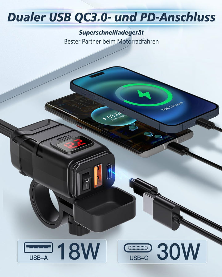 Extractme Motorrad-Handy-Ladegerät, 6,4 A Dual USB Typ C PD & Quick Charge 3.0 Motorrad USB-Ladegerä