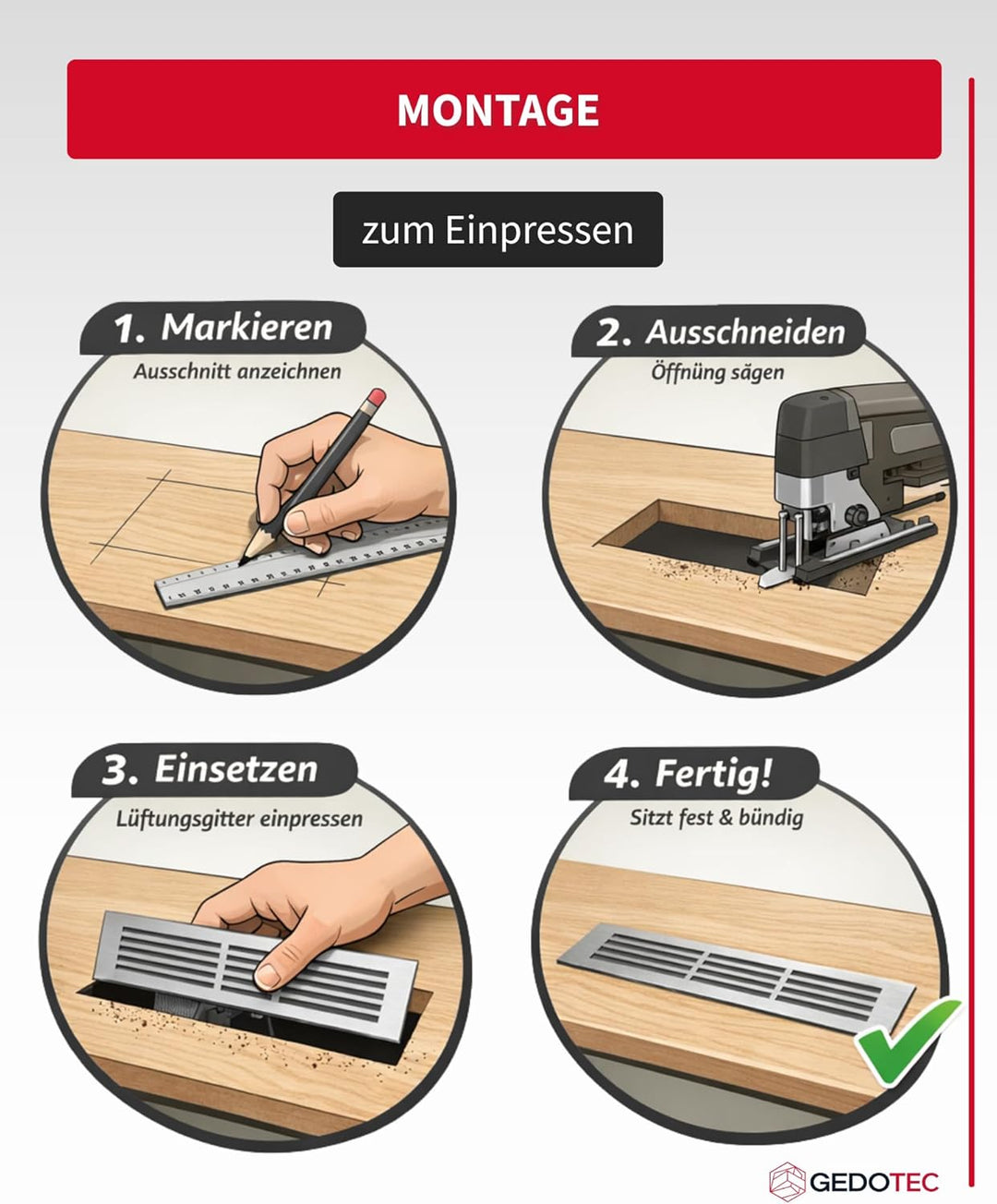 Gedotec Lüftungsgitter eckig aus Aluminium | 1 Stück Abluft-Gitter Edelstahl-Finish 600 x 60 mm | Tü