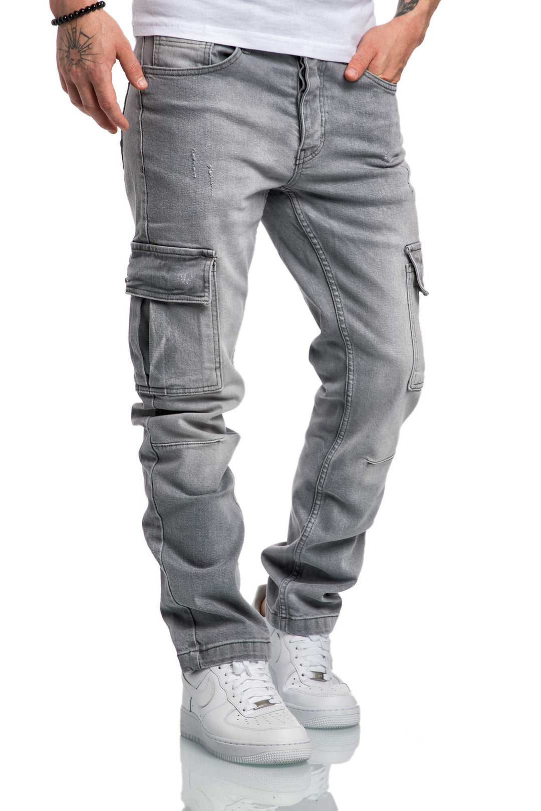 Amaci&Sons Herren Cargo Jeans Regular Slim Denim Hose Destroyed 7985 36W / 32L Hellgrau, 36W / 32L H