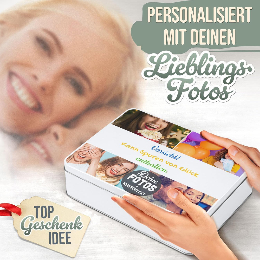 Print Royal PR Geschenkdose selbst gestalten mit 4 Fotos &amp; 3 Zeilen Text - Blechdose bedrucken, Pers