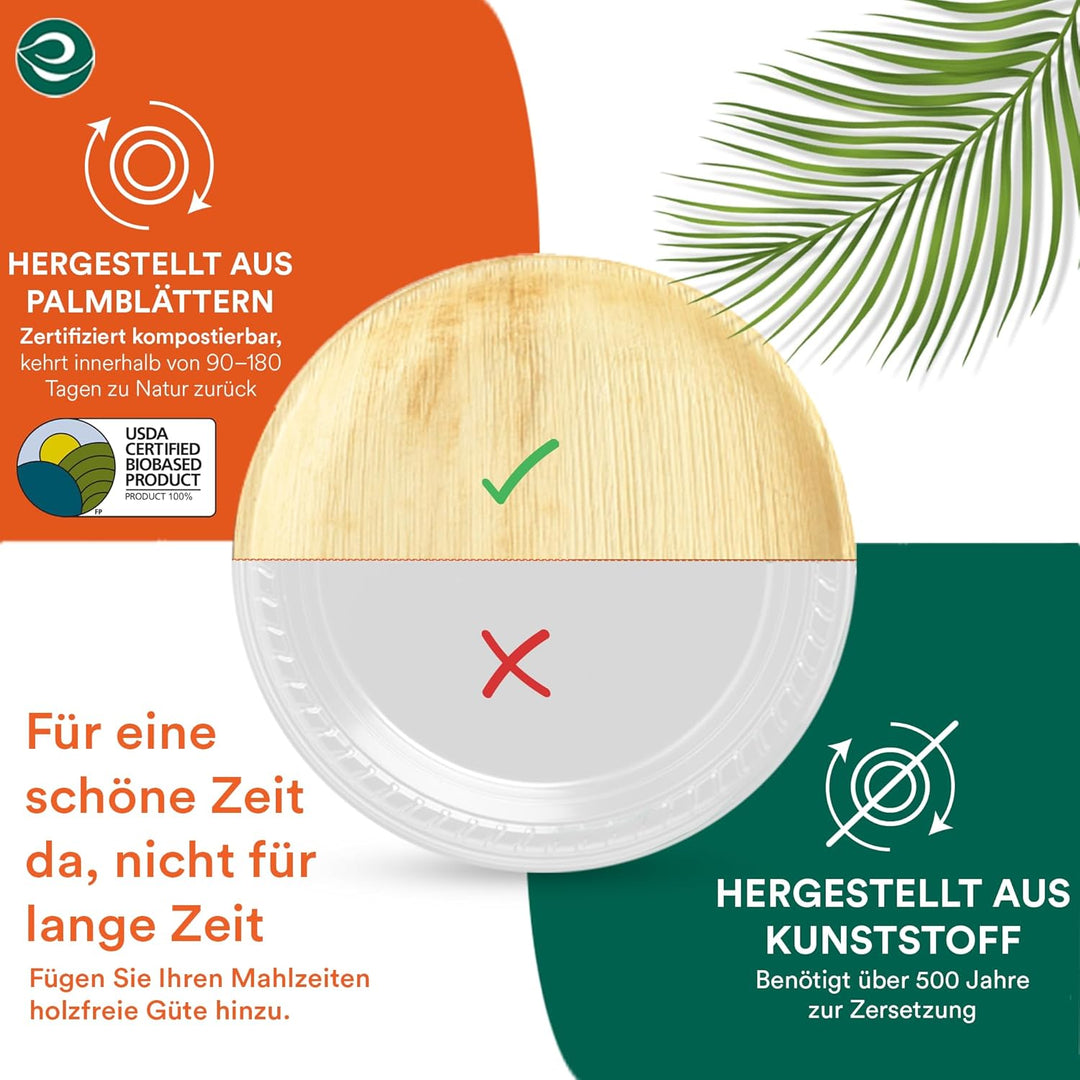 ECO SOUL 100% kompostierbare 15 cm, runde Palmblatt Teller [50 Stück] I Premium Palmblatt Geschir I