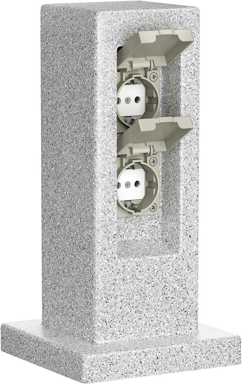 ledscom.de Garten Steckdosensäule POCK, Outdoor, IP44, 2-fach, grau (Stein-Optik), eckig, 30 cm, 2 S
