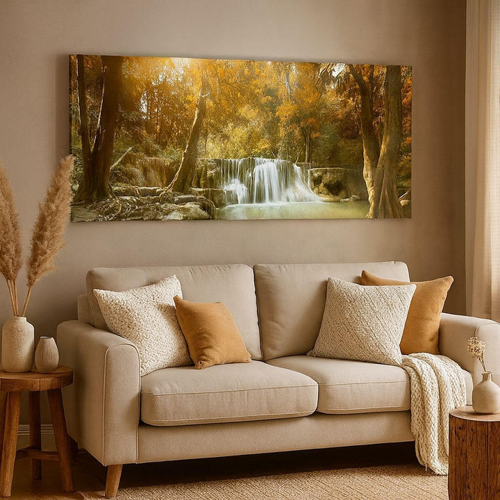 Panorama Bilder auf Leinwand 100x40cm Leinwandbild Park Wasserfall Wasser Gross Wanddeko Bild Schlaf