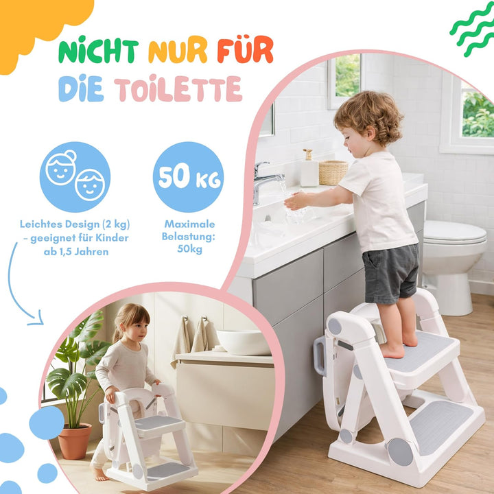 Toilettensitz Kinder mit Treppe Grau ab 1,5 Jahren - 2-in-1 Toilettentreppe für Jungen und Mädchen -