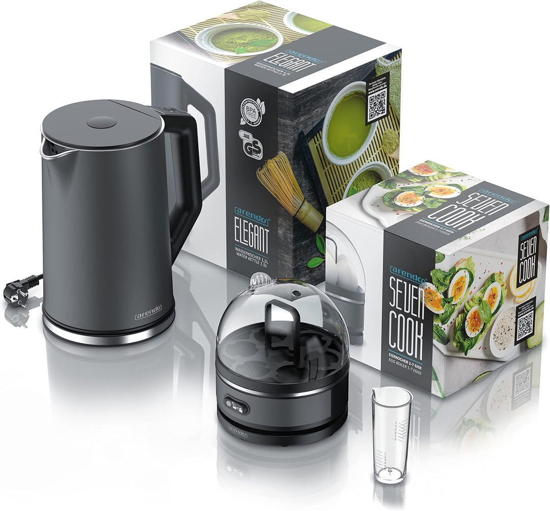 Arendo - Set Wasserkocher ELEGANT mit Eierkocher SEVENCOOK Edelstahl Grau, Wasserkocher 1,5L 40° - 1