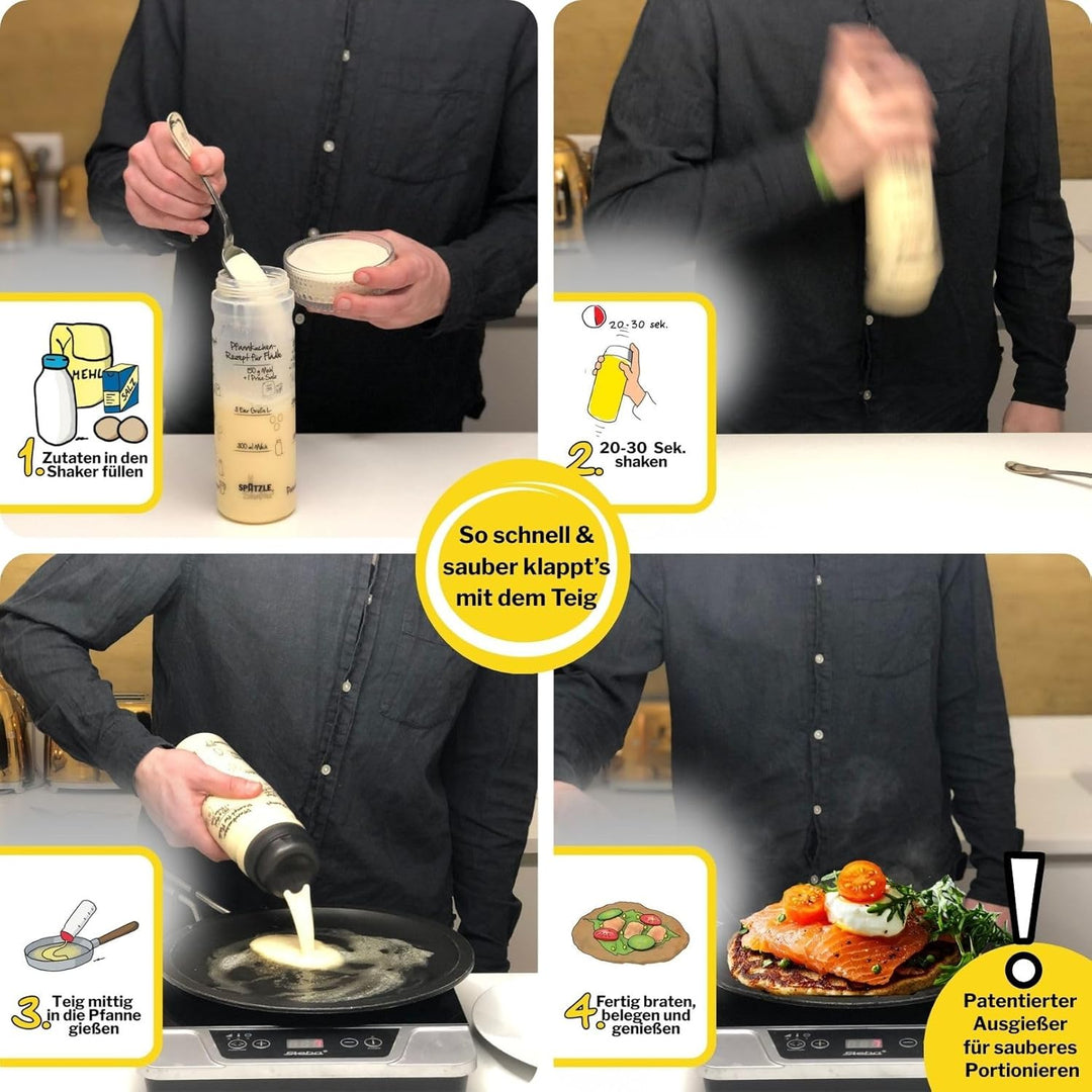 Pfannkuchen-Shaker (875ml, blau) einfach Teig machen und portionieren mit Rezeptaufdruck für Crêpes,