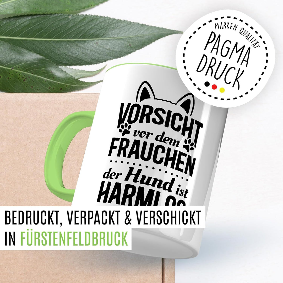 Tasse Frau Geschenk – Vorsicht vor dem Frauchen, der Hund ist harmlos – Kaffeetasse 330ml aus Kerami