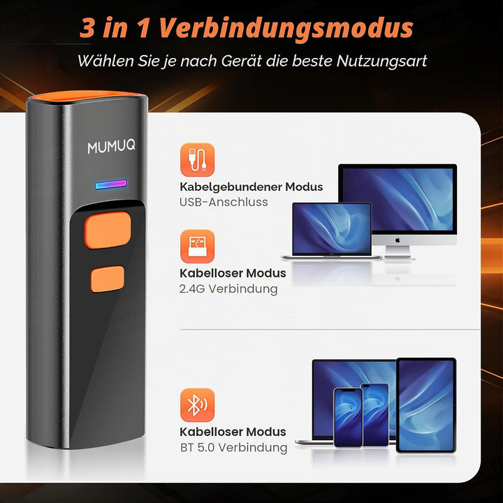 Barcode Scanner Kabelloser Mini 1D/2D QR Code Scanner mit Ladestation | 3-in-1 (BT/2.4G/USB) Konnekt