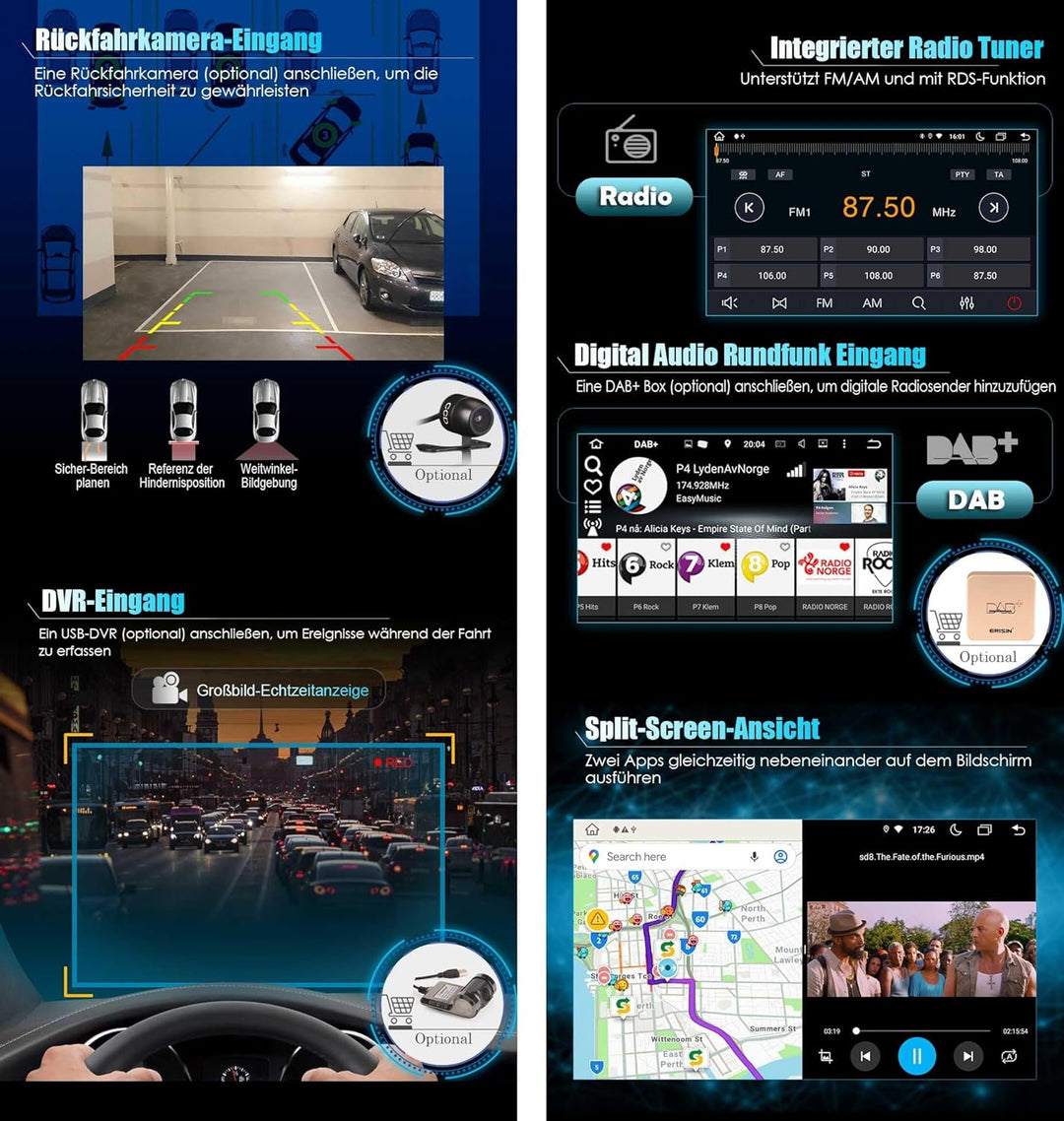 Erisin 7 Zoll 8-Kern Android 14 Autoradio mit GPS Navigation für Audi A4 S4 RS4 B9 B7 SEAT EXEO Unte