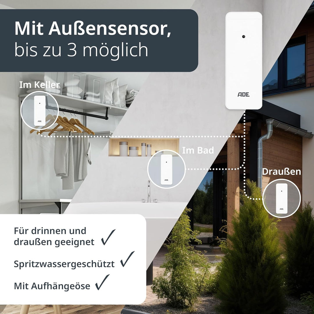 ADE Kleine digitale Wetterstation funk mit Aussensensor und Wettervorhersage | Innen- und Aussentemp