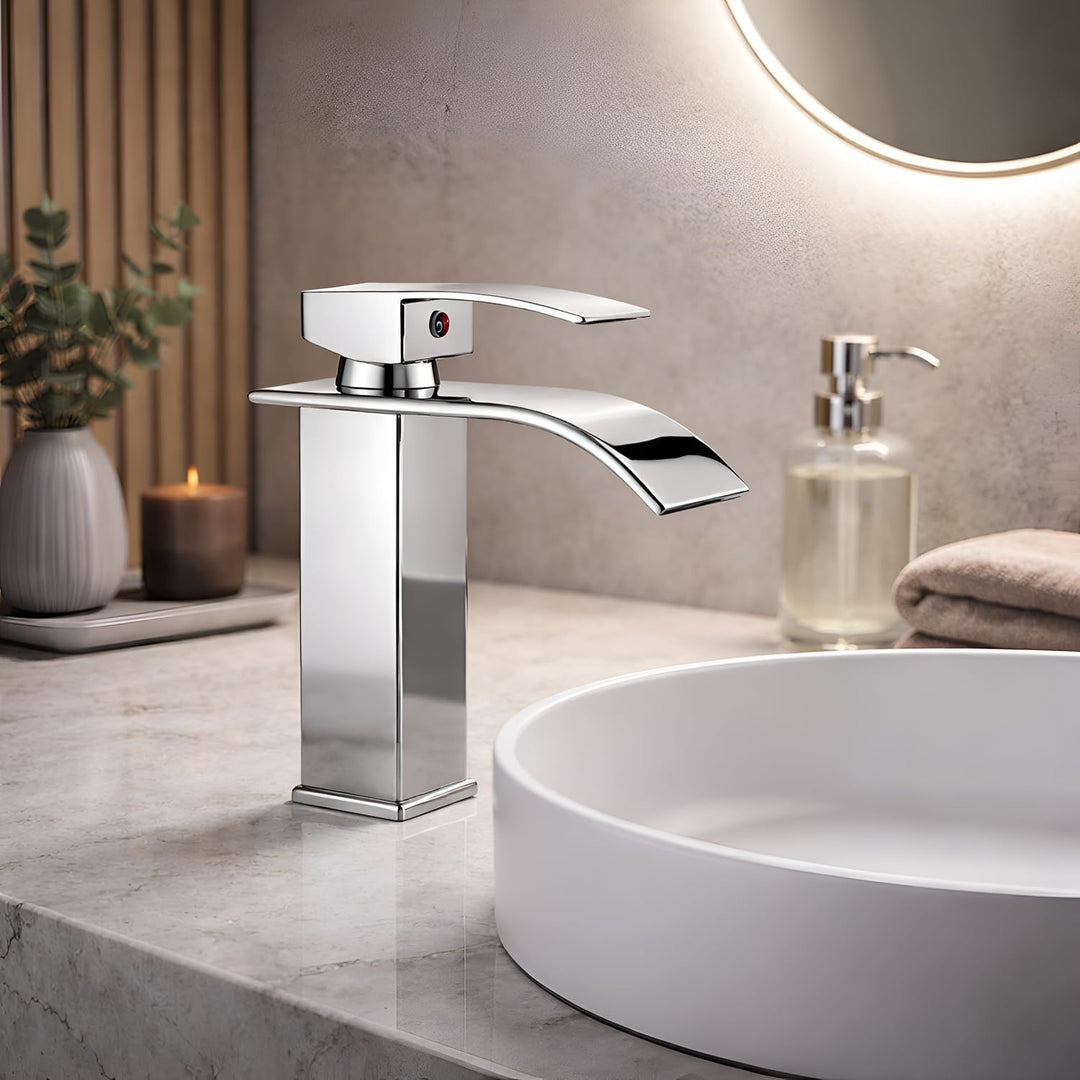 HEA Waschtischarmatur Wasserhahn Bad Chrom Waschbecken Einhebel Wasserfall für Badezimmer Wasserhahn