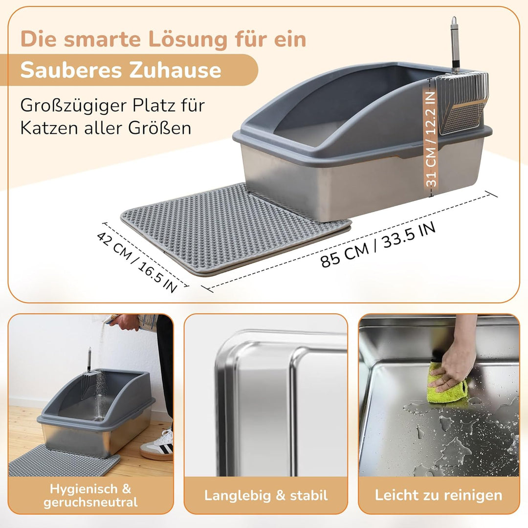 Edelstahl-Katzentoilette mit Deckel antibakterielles Katzenklo aus Metall mit Spritzschutz Katzenklo