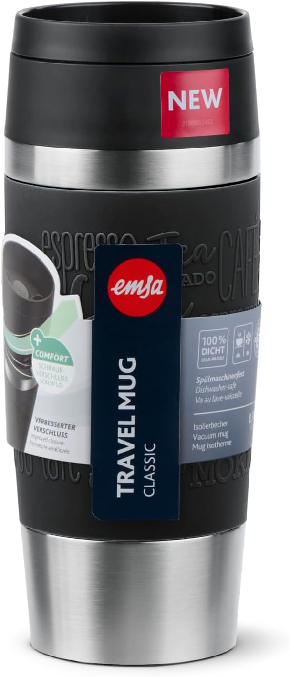 Emsa N20202 Travel Mug Classic Isolierbecher 0,36 Liter | neuer Komfort-Schraubverschluss | Edelstah