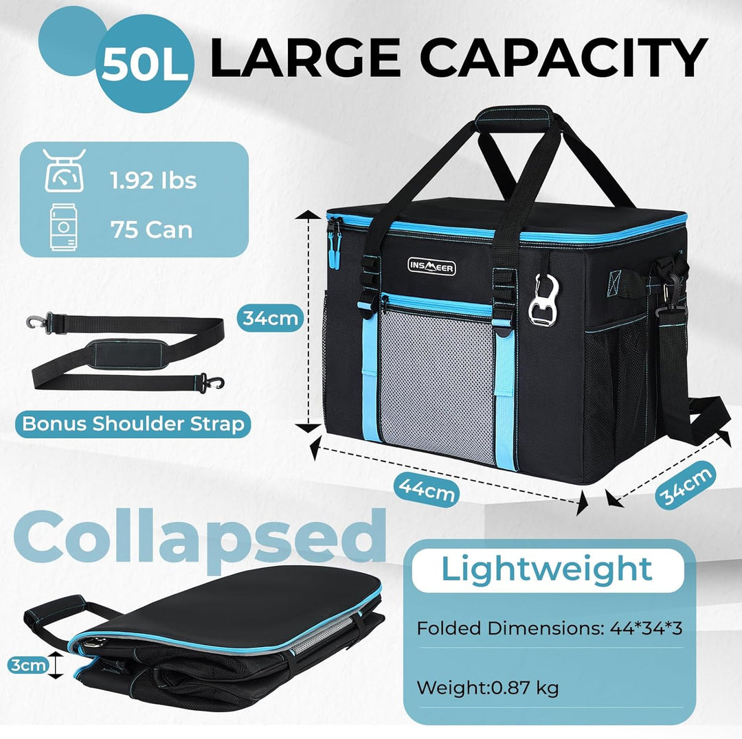 INSMEER Kühltasche Gross 50 l, Kühltaschen Faltbar für 80 Dosen, Faltbare/Auslaufsicher mit Öffner,