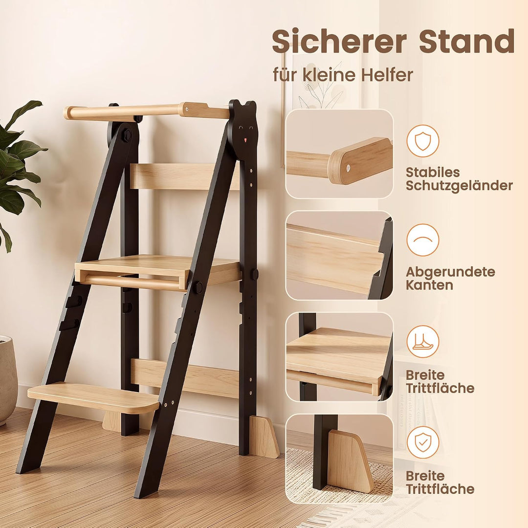 Lernturm Klappbar &amp; 3-Fach Höhenverstellbar - Kippsicherer Learning Tower aus Kiefernholz - Mitwachs