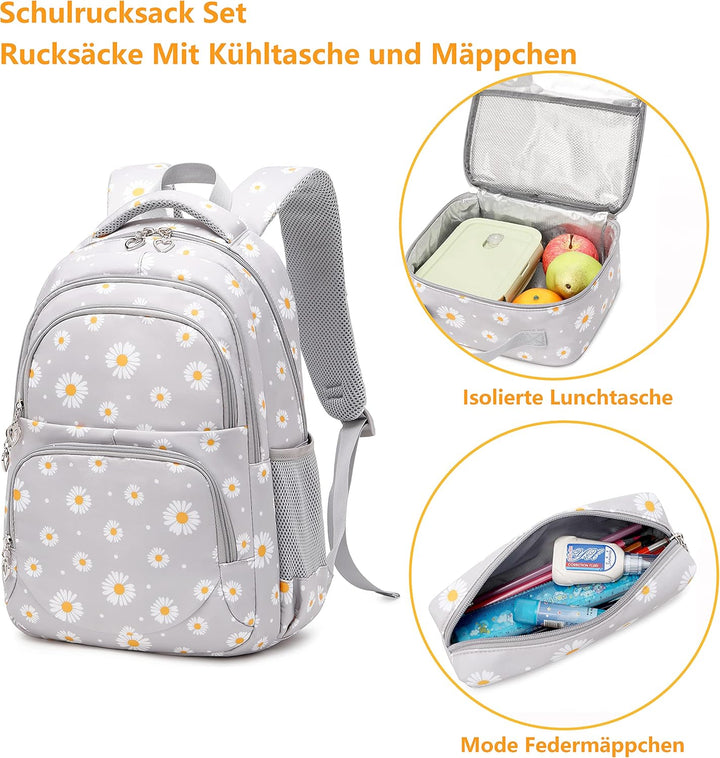 Schulrucksack Mädchen Teenager Damen Schultasche Canvas Schulranzen Set Blumen Rucksack für Mädchen