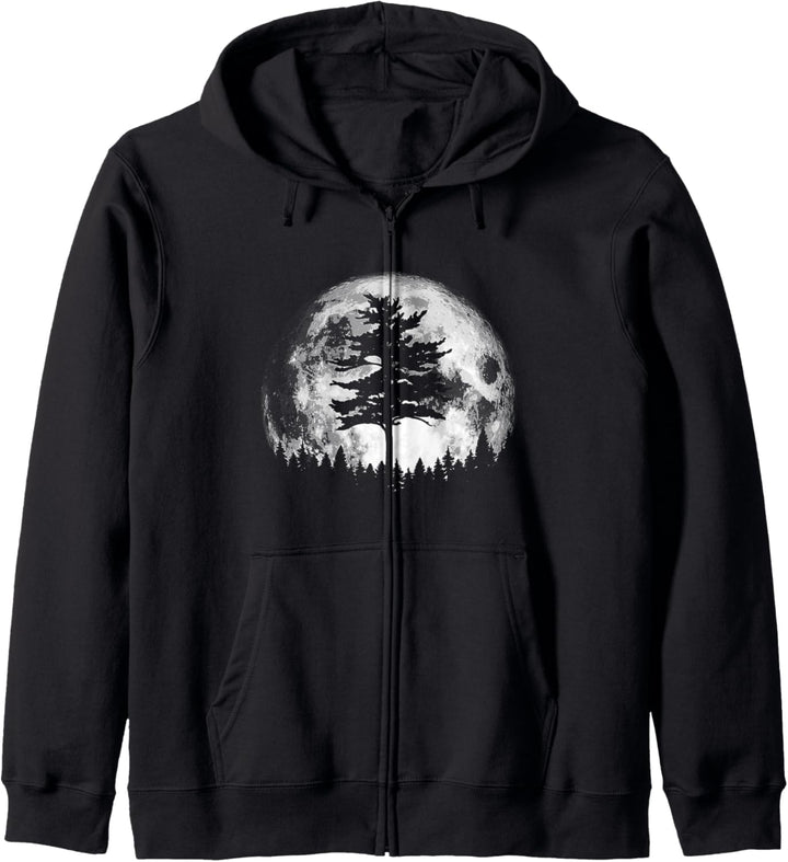 Retro Full Moon &amp; Minimalist Pine Tree Vintage Graphic Kapuzenjacke