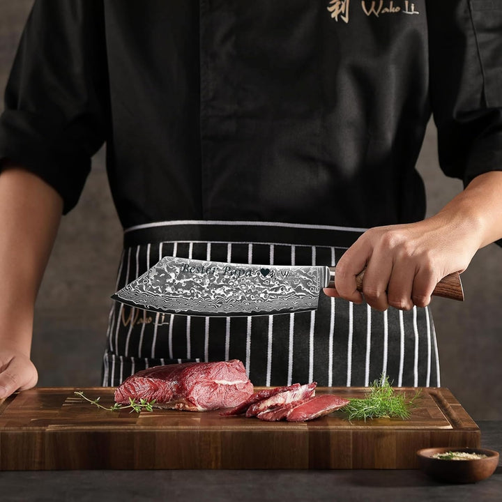 Wakoli EDIB Pro Damast Blockmesser mit Gravur – Personalisiertes BBQ-Messer, 20cm Klinge aus 67 Lage