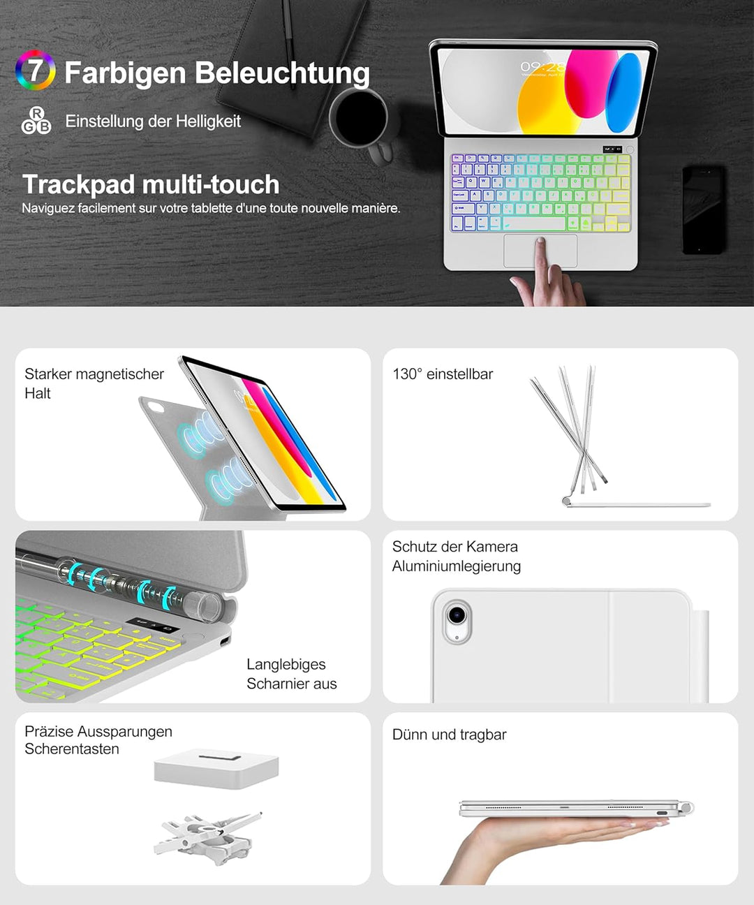 JADEMALL Magic Keyboard für iPad A16 11. Generation und iPad 10. Generation mit 7-Farben-Beleuchtung