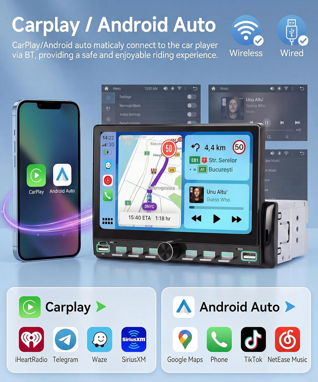 Rimoody Autoradio 1 Din mit Wireless Carplay Android Auto You-Tube IOS/Android Mirror Link Bluetooth