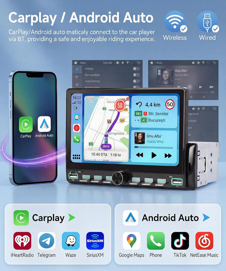 Rimoody Autoradio 1 Din mit Wireless Carplay Android Auto You-Tube IOS/Android Mirror Link Bluetooth