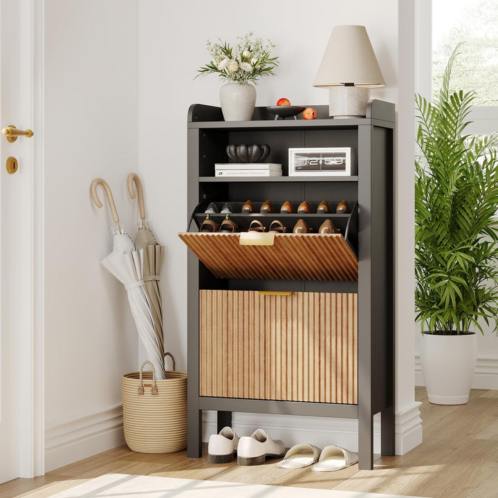 Garvee Schuhschrank mit 2 Klappschubladen, Schmaler, Geriffelter Schuhschrank mit Füssen, Freistehen
