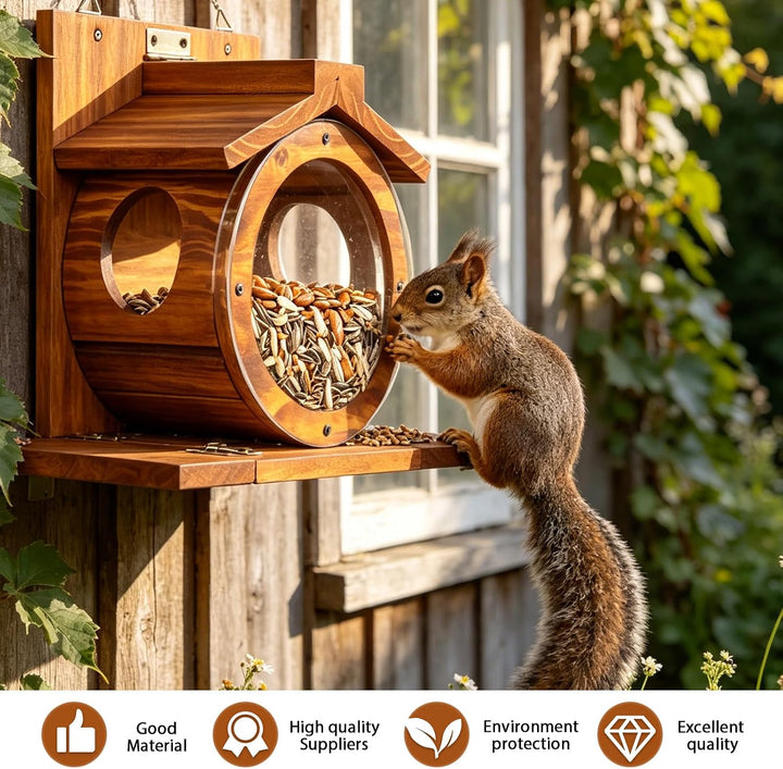 Eichhörnchen Futterhaus aus Holz, Wetterfest Eichhörnchen Haus mit Transparentem Fenster und 2.75" G