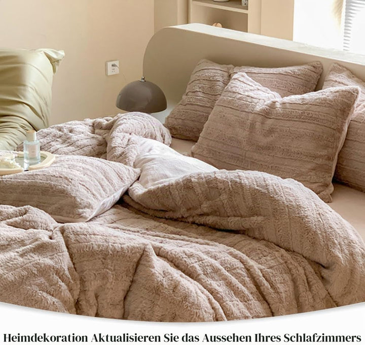 Plüsch Bettwäsche 135x200 4teilig Braun Winter Warme Flauschig Cashmere Touch Bettbezug Teddy Fleece