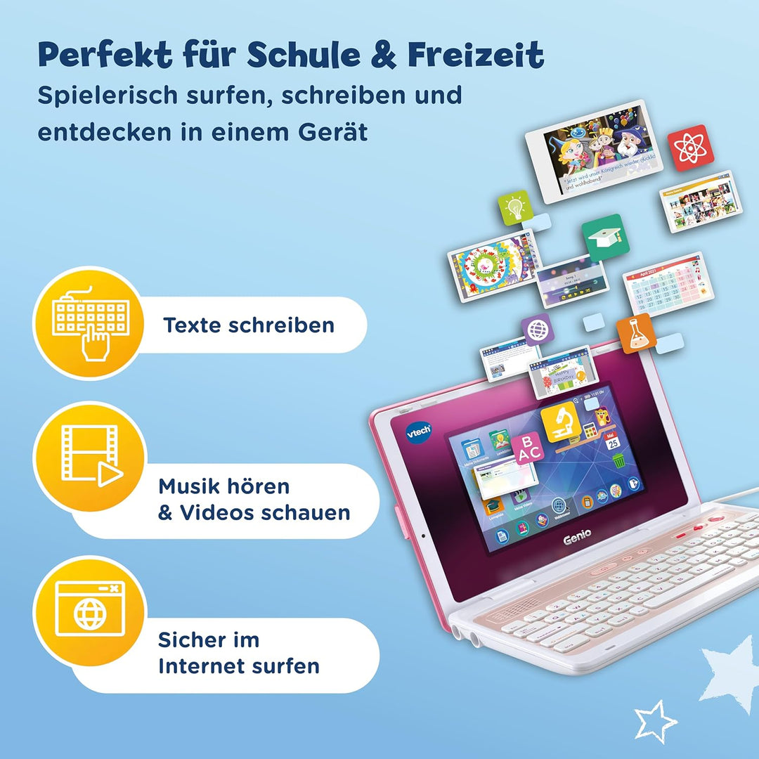 VTech Genio Lernlaptop XL pink – Lerncomputer mit grossen 7"-LCD-Bildschirm mit Internetzugang, Text
