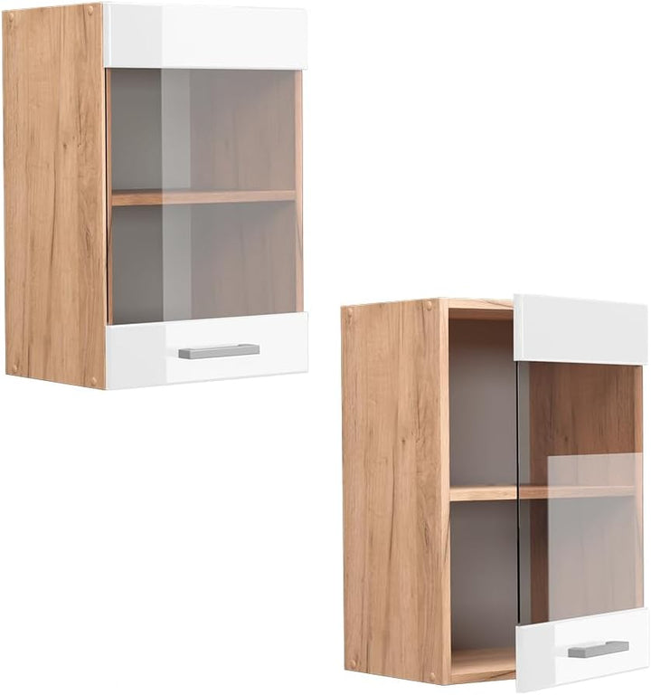 Vicco Küchenschrank Glas R-Line, Weiss Hochglanz/Goldkraft Eiche, 40 cm Weiss Hochglanz Hängeglassch