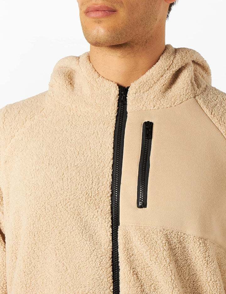 Urban Classics Herren Hooded Sherpa Zip Jacket, Beige (Darksand 00806)